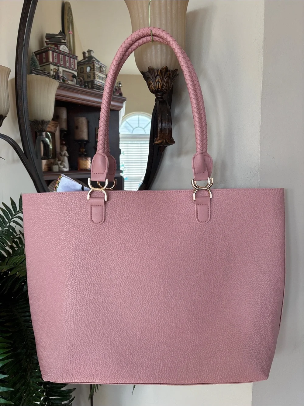 Ulta Dusty Rose Pink Pebbled Tote Bag Office Laptop Scarf Accent Bow Braided